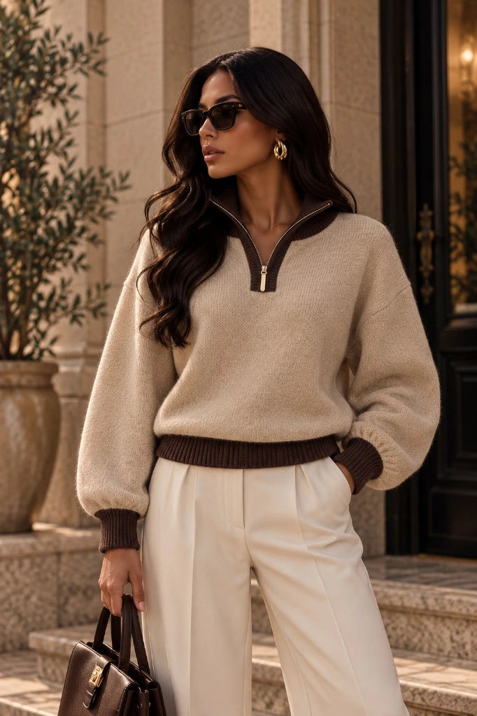 Jersey Quarter-Zip Mujer Ohlunara Marrón — vista frontal